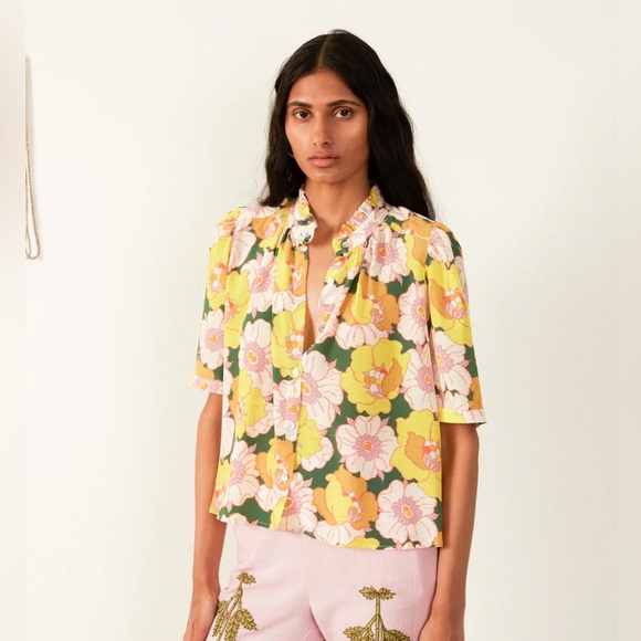 Alix Of Bohemia Winnie Citrus Blossom 100% silk shirt size S yellow pink green - Picture 1 of 9